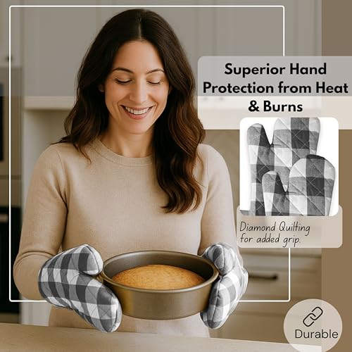 Native Fab Buffalo Plaid Check Oven Mitts and Pot Holders Set of 4, 100% Cotton Heat Resistant Kitchen Gloves, 2 Oven Mitts (7x13), 2 Pot Holders (8x8) for Cooking & Baking, Steel Grey White - color: Buffalo, Dark Grey