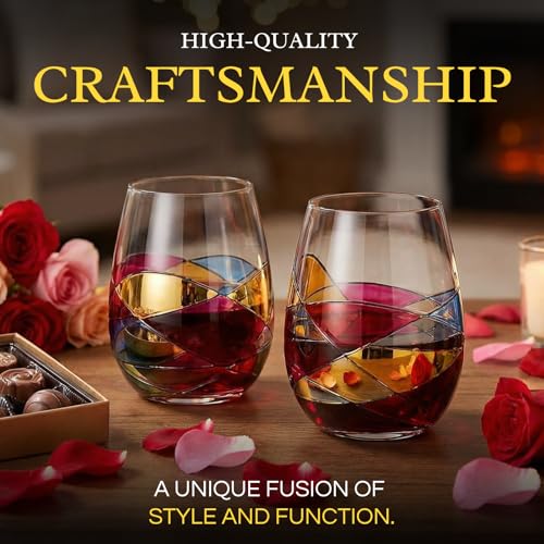Artisanal Hand Painted Stemless Wine Glasses - Everyday Celebrations, Gift Idea for Wife, Mom, Valentine, Holiday Renaissance Romantic Stain-glassed Windows, 2 Set - Gift Idea Birthday, Housewarming - style: Stemless Glasses Set