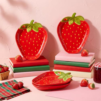LemonRoad 4 Pcs Ceramic Strawberry Plates 9 Inch Food Serving Platters Strawberry Theme Party Decorations Cute Fruit Salad Plates Dishes Spring Tableware Serving Tray for Dinner Dessert Picnic Candy