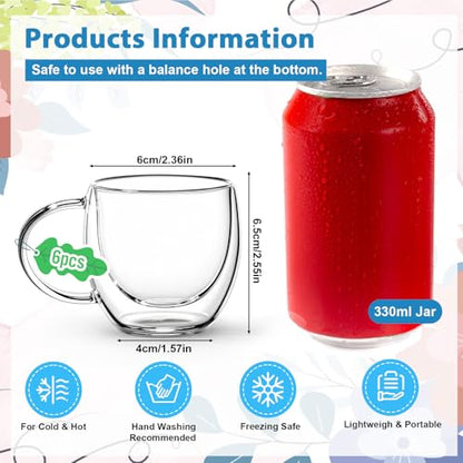 6 Pack 2.7oz Double Walled Glass Coffee Mugs with Handles, Clear Glass Coffee Mugs, Insulated Borosilicate Cups, Insulated Layer Coffees Cups for Cappuccino, Tea, Latte, Milk, Microwave Safe