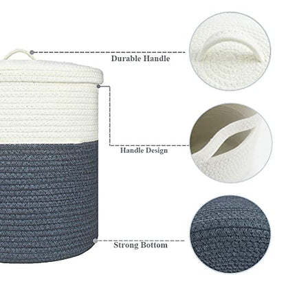 Yimi's Dream Storage Basket with Lid, Small Round Lidded Cotton Rope Bins | Small Woven Hamper for Laundry, Toys, Nursery, Entryway, Blankets, and Home Organization(White & Grey, 11.5D x 13.5H Inch) - color: 1 PACK-Grey&White-LIDDED