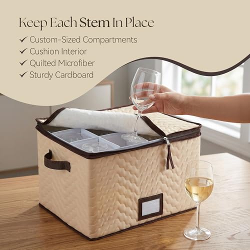 Wine Glass Storage Box with Dividers, Holds 12 Glasses up to 3.75" Wide | 2 Pack, Stemware Storage Case, Protects Fine China, Durable Quilted Microfiber, Carry Handles, Ideal for White Wine - size: Red & White Wine, style: 2 Pack
