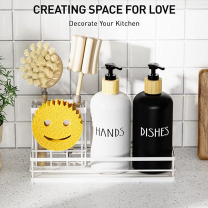 Moforoco Kitchen Dish Soap Dispenser Set, 16OZ Glass Bottle, Hand and Dish Soap Dispenser Set, Instant Dry Tray, Brush Holder with Smiley Face Sponge Holder (White Tray+Black&White Bottle) - color: White Tray+black&white Bottle