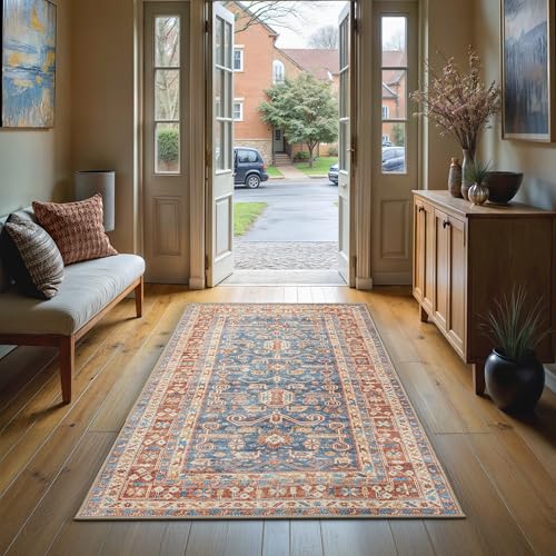 GLN Rugs Bohemian - Jerusalem - Machine Washable Runner Rug, Boho Washable, Non Slip, Low Pile Chenille Area Rug, Hallway, Bedroom, Kitchen Rug - Easy Clean (2'6" x 7' Terra/Slate Blue) - color: Terra/Slate Blue, size: 2'6" x 7' (Runner)