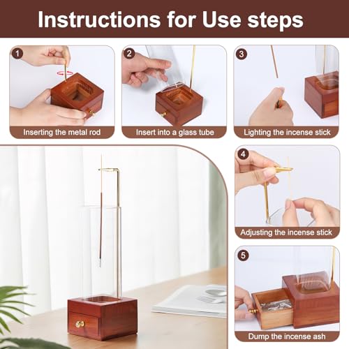 Brown Wooden Incense Holder with Easy-Clean Ash Catcher Drawer, Vertical Incense Burner with Windproof Glass Tube & Stainless Steel Base for Meditation, Includes 20 Sticks