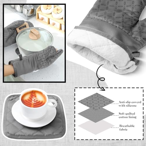 LemonRoad 12 Pcs Oven Mitts Kitchen Towels Dishcloths with Pot Holders Sets Dish Towels Sets Oven Gloves Heat-Resistant Pot Pads with Silicone for Kitchen Cooking Baking(Gray) - color: Gray
