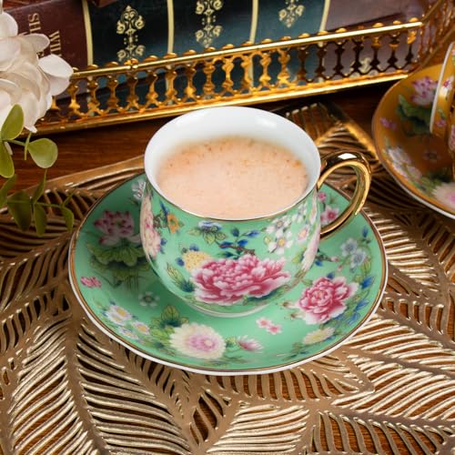 KAMMAK Tea Cup and Saucer, Ceramic Coffee Cups, 7.1 oz, Set of 2 | Porcelain Tea Cups with Saucers for Coffee and Cappuccino, Ideal for Breakfast, Afternoon Tea and Entertaining,942+944N - style: 942N+944N