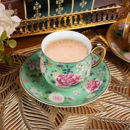 KAMMAK Tea Cup and Saucer, Ceramic Coffee Cups, 7.1 oz, Set of 2 | Porcelain Tea Cups with Saucers for Coffee and Cappuccino, Ideal for Breakfast, Afternoon Tea and Entertaining,942+944N - style: 942N+944N