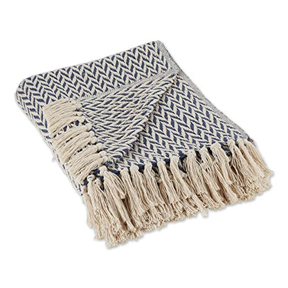 DII Modern Zig Zag Throw Blanket Woven Cotton, Hand-Knotted 2.5" Fringe, 50x60, Nautical Blue - color: Nautical Blue, size: 50x60"