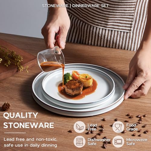 Onader Stoneware Dinnerware Sets, 12 Piece Plates and Bowls Dish Sets for 4, Ceramic Dishware Dining Ware with Rustic Terracotta Bottom - Glacier White - color: Glacier White