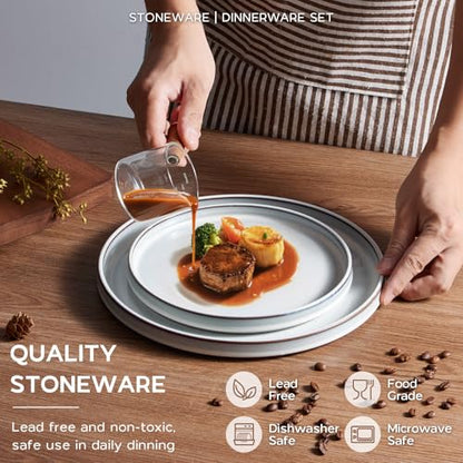 Onader Stoneware Dinnerware Sets, 12 Piece Plates and Bowls Dish Sets for 4, Ceramic Dishware Dining Ware with Rustic Terracotta Bottom - Glacier White - color: Glacier White