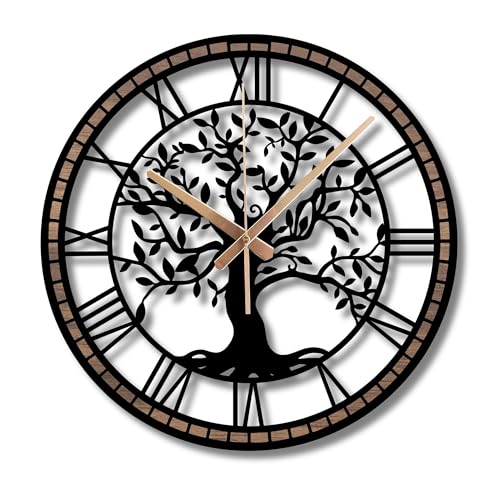 Tree of Life Wall Clock, Roman Numeral Metal with Wood Clocks, Large Wooden Frame Wall Clock for Living Room, Office, Bedroom, Home, Mid Century Silent Non Ticking Wall Clock, Farmhouse Decorative - color: Design B, size: 14 x 14 inches
