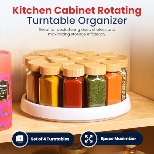 Oizeir Lazy Susan Organizer Set of 4, 10 Inch Non-Skid Turntable for Cabinet, Pantry, Kitchen, Countertop, Fridge, Bathroom – Durable Plastic Rotating Storage Tray, White - color: White