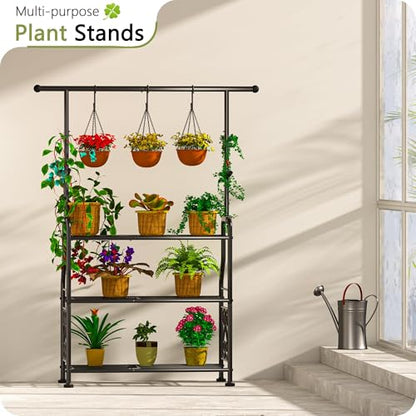GIOTORENT Plant Stand Indoor, 3-Tier Heavy Duty Metal Shelf for Patio & Indoor, Tall Plant Holds 14+ Plants with 5 Hooks, Rust-Proof Plant Holder for Garden, Balcony, Living Room, Black - size: B-3Tier-Hanger