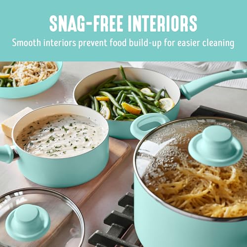GreenLife 16 Piece Ceramic Nonstick Pots & Pans Cookware Set, Turquoise | PFAS-Free Ceramic Nonstick, Stockpot, Frying Pans, Saucepans, Sauté Pan, Stay-Cool Handles, Dishwasher & Oven Safe up to 350F - color: Mint Green, style: Soft Grip