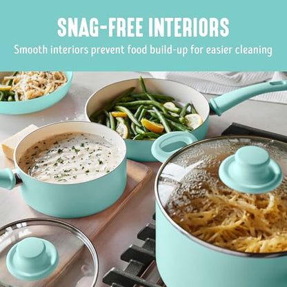 GreenLife 16 Piece Ceramic Nonstick Pots & Pans Cookware Set, Turquoise | PFAS-Free Ceramic Nonstick, Stockpot, Frying Pans, Saucepans, Sauté Pan, Stay-Cool Handles, Dishwasher & Oven Safe up to 350F - color: Mint Green, style: Soft Grip