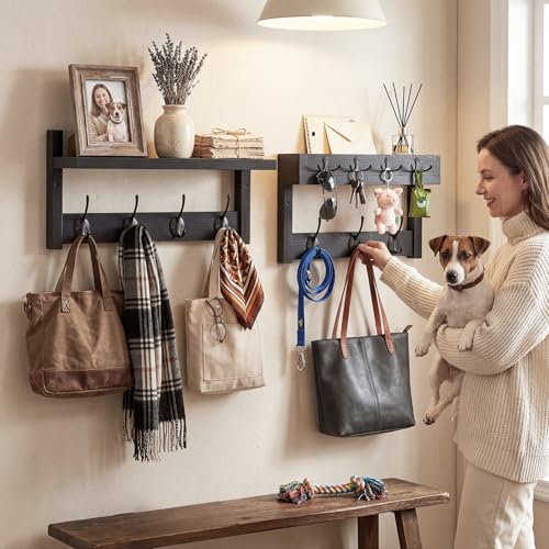 Coat Rack Wall Mount with Shelf & Mail Organizer,29 Inch Wall Shelf with 7 Coat Hooks and 4 Key Hooks for Entryway,Living Room,Bedroom,Offices(Black) - color: Black