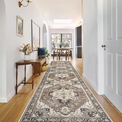 Washable Kitchen Runner Rug - 2'6''x12' Hallway Rug Distressed Mats Non-Slip Soft Room Floor Carpet for Dining Room (Beige, 2'6'' x 12') - color: Beige, size: 2'6" x 12' (Runner)