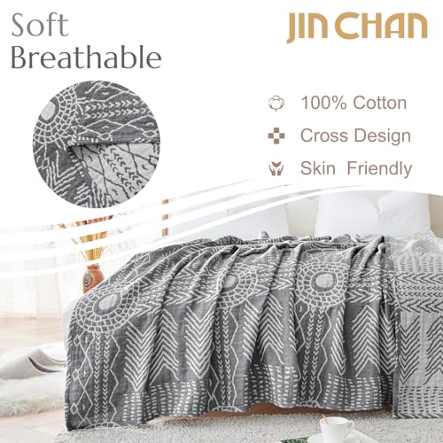 jinchan 100% Cotton Muslin Blanket Twin Boho Throw Blanket 50x60 Gray | 3-Layer, Tribal Geometric Quilt, Cooling Breathable Lightweight, for Adult, Soft, Reversible, Summer, Couch, Sofa, Bedroom - color: A. Boho Grey, size: 50"x60"