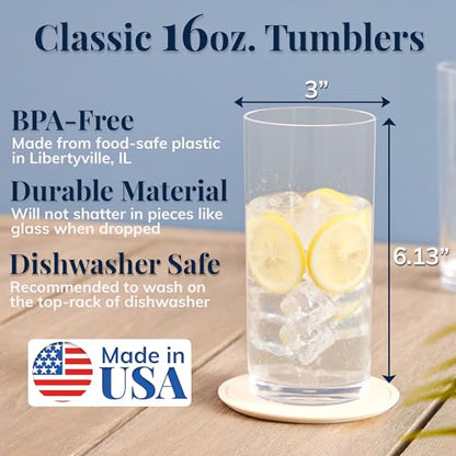 US Acrylic Classic Clear Plastic Reusable Drinking Glasses (Set of 6) 16oz Water Cups | BPA-Free Tumblers, Made in USA | Top-Rack Dishwasher Safe - color: Clear, size: Water Tumblers