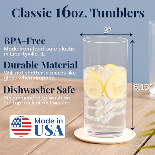 US Acrylic Classic Clear Plastic Reusable Drinking Glasses (Set of 6) 16oz Water Cups | BPA-Free Tumblers, Made in USA | Top-Rack Dishwasher Safe (Pack of 18) - color: Clear, size: Water Tumblers (Pack of 18)