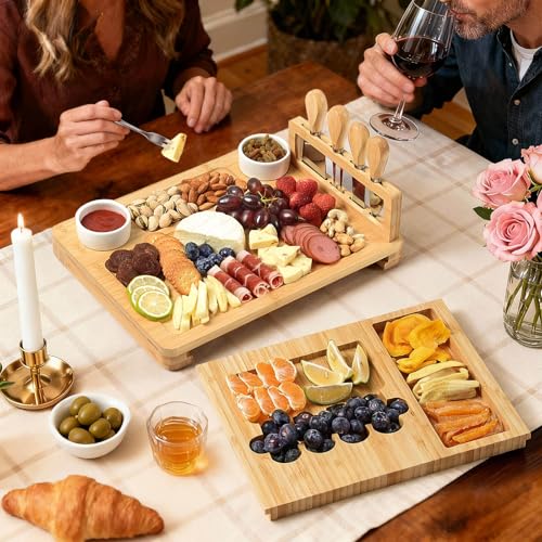 Bamboo Charcuterie Board Set with 4 Cheese Knives, Serving Platter | 1 Drawers, 4 stainless steel cheese knives, serving platter. Perfect for parties, weddings, entertaining, housewarming gift. - size: 18" x 13" x 1.3"