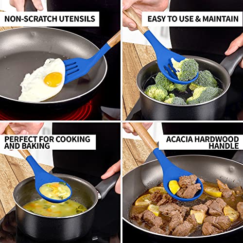 Zulay Kitchen 5 Piece Silicone Utensil Set | Non-Stick Silicone Cooking Utensils Set with Acacia Wood Handles - 464°F Heat Resistance Kitchen Utensils Set - Dark Blue - color: Royal Blue, size: 5-Piece Set