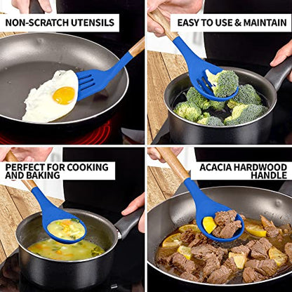 Zulay Kitchen 5 Piece Silicone Utensil Set | Non-Stick Silicone Cooking Utensils Set with Acacia Wood Handles - 464°F Heat Resistance Kitchen Utensils Set - Dark Blue - color: Royal Blue, size: 5-Piece Set