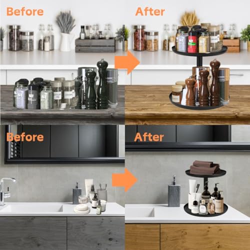 IBERG 2 Tier Lazy Susan Organizer, Rotating Spice Rack (Black)