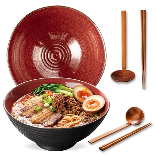 8 Inch Ceramic Ramen Bowl Set of 2, 40oz Japanese Bowls with Spoons & Chopsticks,Durable,Microwave & Dishwasher Safe,Perfect for Ramen,Pho,Salad,Soup,Noodles，Mixing bowls（Carnelian） - color: Carnelian