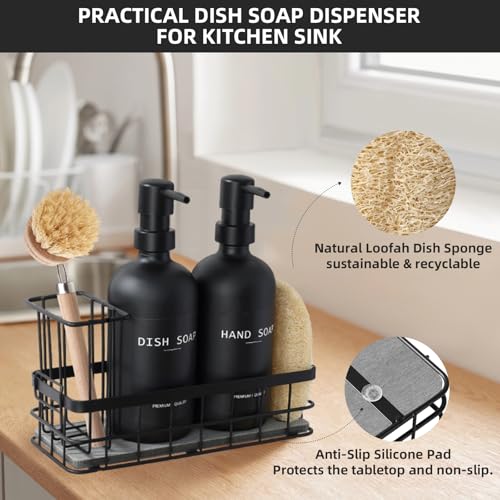 Dish Soap Dispenser for Kitchen, 16.9 fl oz Black Hand and Dish Soap Dispenser Set, Kitchen Soap Dispenser with Sponge Holder, Brush Holder and Loofah Sponge, Countertop Sink Organizer Accessories - color: Black