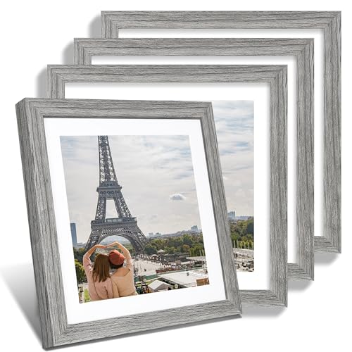 Hongkee 12x12 Picture Frame Set of 4 - Made of Glass and Grey Wooden Frame, Display Square Pictures 10x10 with Mat or 12 x 12 without Mat, Desktop & Wall Collage Photo Frame - color: Grey, size: 12x12 in