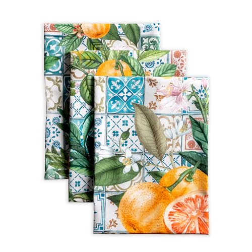 Maison d' Hermine Kitchen Towels Set of 3 Reusable 100% Cotton 27.50" x 20" | Cloth Tea Dish Towels Absorbent with Hanging Loop for Kitchen Dining Party Wedding Hotel Home Spring Summer - Agrume - color: 012 - Agrume
