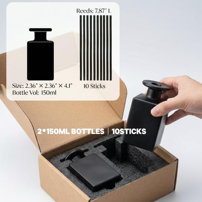 2 Pack 150ml Glass Reed Diffuser Container with Black Sticks, Empty Essential Oil Diffuser Jars with Protective Packaging for DIY Home Fragrance, Bathroom, Bedroom and Office Decor (2, Matte Black)