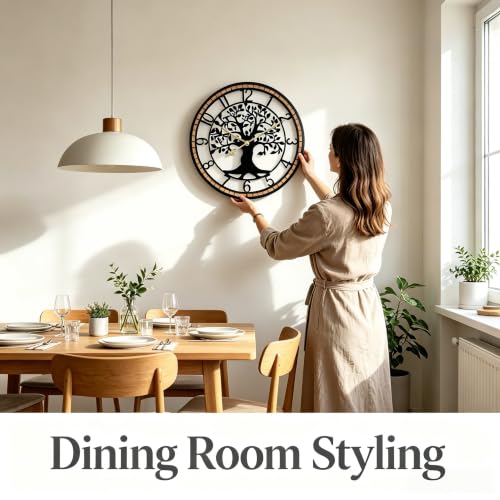 Large Wall Clock for Living Room Decor 22 Inch Tree of Life Metal Wall Art, Non-Ticking Battery Operated Metal Black with Solid Wood Frame for Office/Bedroom/Kitchen/Dining Room Decoration - size: B 22 Inch