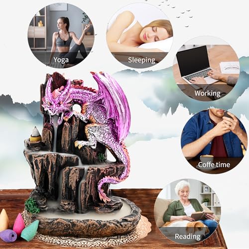 Dragon Backflow 2 Sided Mountain Waterfall Incense Burner,Fountain Smoke Incense Holder with Backflow Incense Cones, Tweezers, Mat，Resin Aromatherapy Meditationvaiuk (Purple) - color: Purple