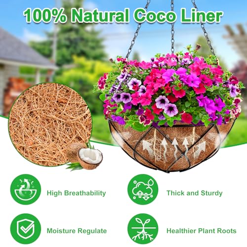 Hanging Baskets for Plants Outdoor, 4 Packs 12 Inch Metal Wire Hanging Planter with Coconut Liners, Flower Basket Pot for Outside Garden Patio Porch Balcony Fence