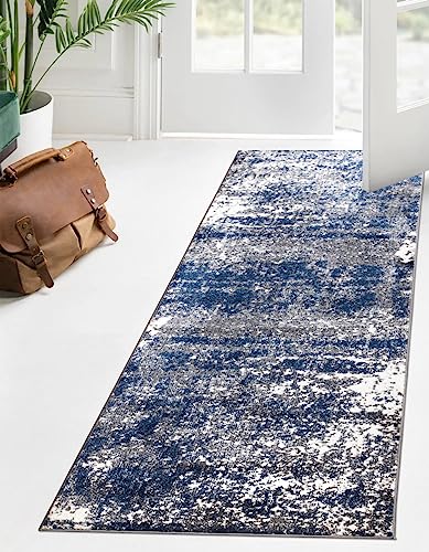 Keen Home Design Abstract Non-Shedding Runner Rug, Soft Thick Pile, 2x8 | Polypropylene High Pile, Jute Back; Ideal For Hallway, Bedside, Home Office - color: Abstract Navy/Gray, size: 2'8" x 7'7" (Runner)