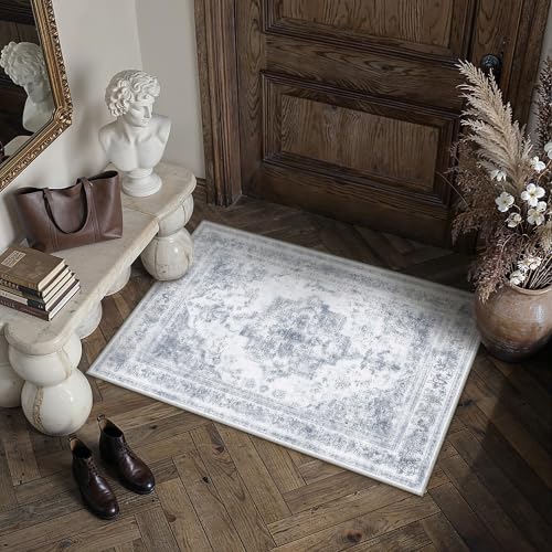 2x3 Entryway Area Rug Blue Vintage Distressed Netural Carpet | Washable, Non-Slip, Low Pile, Soft Durable, Medallion Indoor Rug, Bedroom, Kitchen, Bathroom, Doormat - color: Antique Light Blue, size: 2' x 3' (Rectangular)