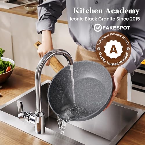 Kitchen Academy Granite Pots and Pans Set Non Stick, Induction Cookware | 17-Piece Gray Cooking Pans and Pots Set, PFOA & PFOS Free. - color: Gray, size: 17 PCS Cookware Set