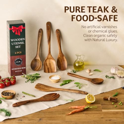 SOOMGYEOL SEOM 6-Piece Teak Wood Cooking Utensil Set | Natural Teak Wood, Uncoated, 6 Essential Cooking Utensils, Nonstick Safe - size: 6 PCS Set