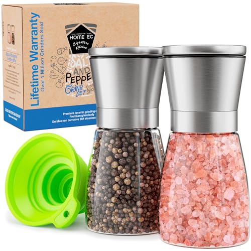 Home EC Original Stainless Steel Sea Salt and Pepper Grinder Set of 2 - Adjustable Ceramic - Glass Salt and Pepper Shakers - Kitchen Pepper Mill & Salt Mill W/Funnel & EBook - color: Clear Glass, size: 2pk