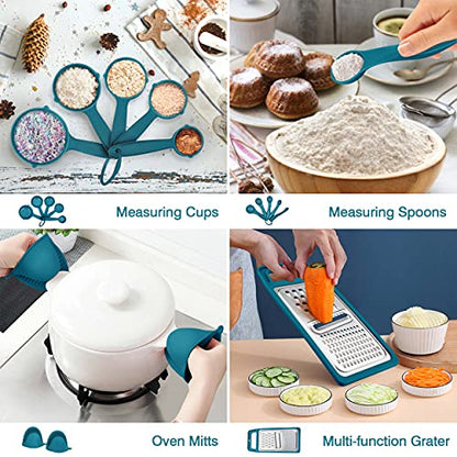LIANYU 27 PCS Kitchen Utensils Set with Holder, Silicone Cooking Utensils Spatula Set with Stainless Steel Handle, Kitchen Cooking Gadgets Tools for Nonstick Cookware Set, Heat Resistant, Blue - color: Blue
