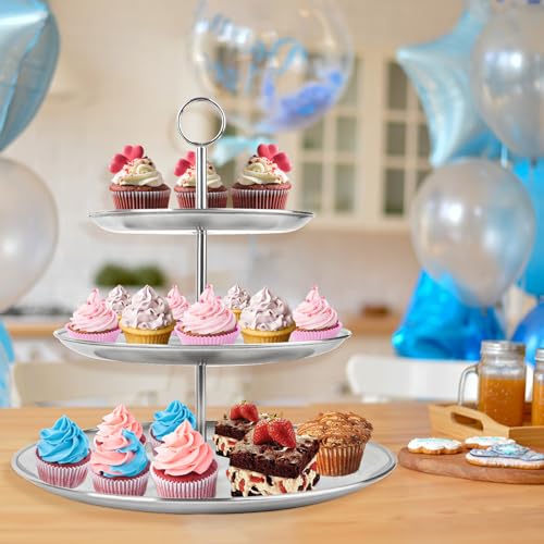 3 Tier Silver Cupcake Stand Stainless Steel Dessert Display Rack with Removable Tiered Tray for Parties,Weddings,Birthdays,Decorations,Any Festivals and Festivities(Stainless Steel Pole)