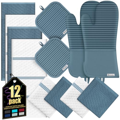 Oven Mitts Kitchen Towels and Dishcloths with Pot Holders Sets, Oven Gloves Hot Pads 500°F Heat Resistant with Silicone Grip, Include 2 Cooking Gloves/2 Potholders/4 Kitchen Towels/4 Dish Towels - color: Dusty Blue