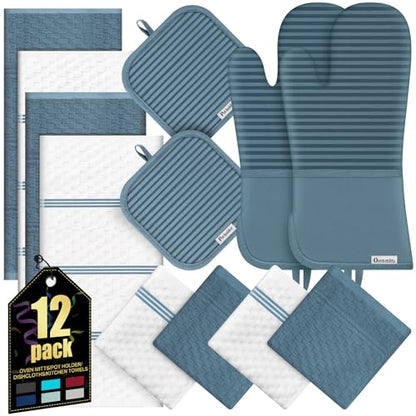 Oven Mitts Kitchen Towels and Dishcloths with Pot Holders Sets, Oven Gloves Hot Pads 500°F Heat Resistant with Silicone Grip, Include 2 Cooking Gloves/2 Potholders/4 Kitchen Towels/4 Dish Towels - color: Dusty Blue