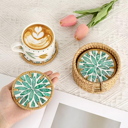 Boho Coastal Coasters Set of 6, Handmade Coasters with Holder - Cup Mat for Coffee Table, Boho Coaster for Home Décor Accents, Heat Insulation, Rattan & Mother of Pearl, 4 Inch(Green Leaf) - style: Green Leaf