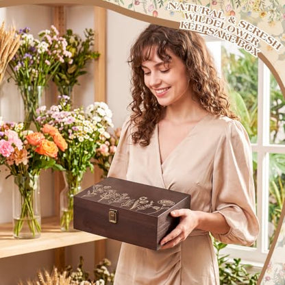 Marsui Wildflower Wooden Keepsake Box, 10.6 x 7.7 x 3.9 Inch Decorative Memory Box with Hinged Lid for Crafts Photos Letters Cards Jewelry Storage, Rustic Floral Gift Boxes for Women Wedding Birthday