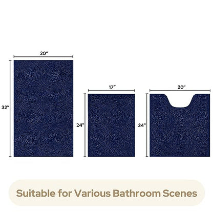 HOMEIDEAS 3 Pieces Bathroom Rugs, Ultra Soft Non Slip Absorbent Chenille Toilet Bath Mat Set (Navy Blue) - color: Blue-navy Blue, size: 17"x24"+20"x32"+U Shape 20"x24"