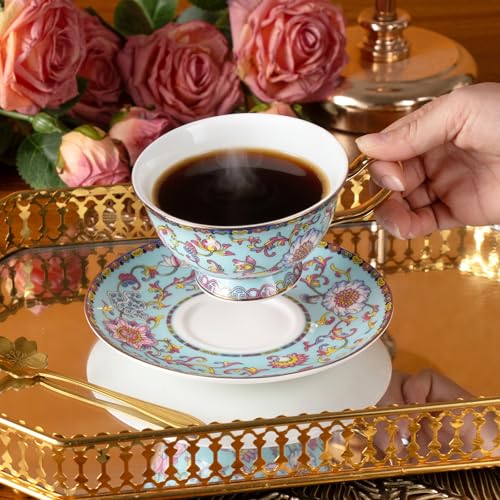 KAMMAK Tea Cups and Saucers Set of 2, Porcelain Coffee Cups, JBE021 | Stackable Espresso Mugs, Ceramic Demitasse for Coffee, Cappuccino, Latte, Americano, Tea - size: 8CZJBE021